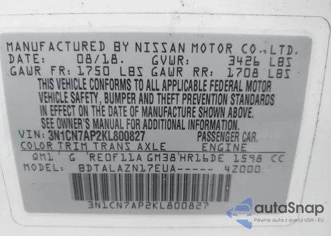 2019 Nissan Versa 1.6 S+ z USA, uszkodzony, nr VIN 3N1CN7AP2KL800827